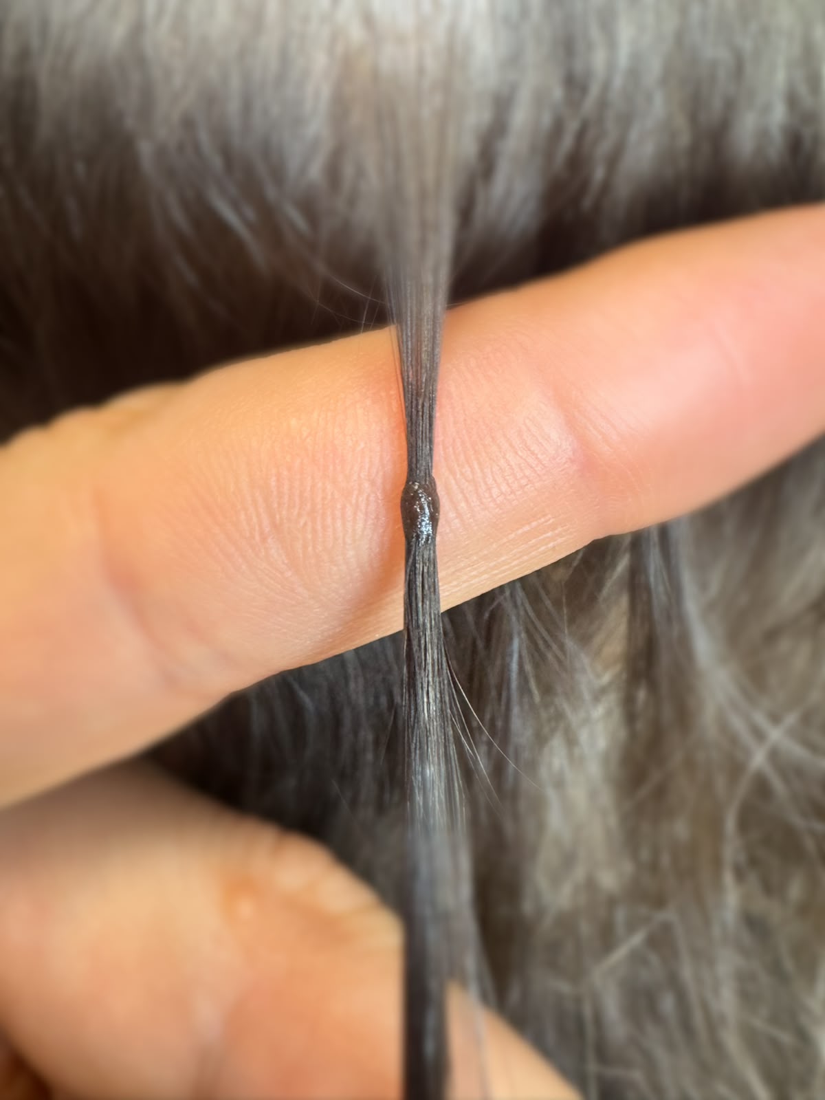 Macro photograph of a single keratin bond, showing the clear keratin tip fused to a small section of hair