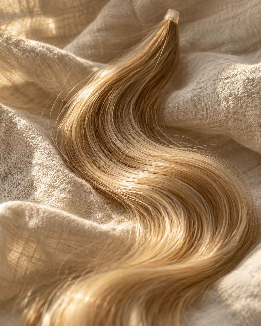 A long, softly waved lock of honey-blonde hair with a clear keratin tip, laid across crumpled linen in warm window light